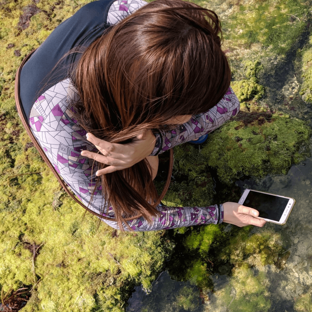 Women standing in algae with her phone out to document what she is seeing
